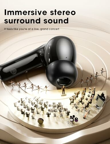 Wireless earbuds with orchestra illustrating immersive stereo sound.