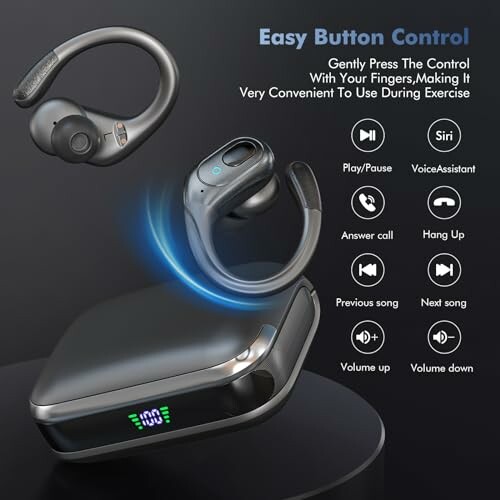 Wireless earbuds with charging case and control instructions.