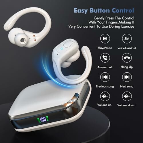 Wireless earbuds with charging case and control features.