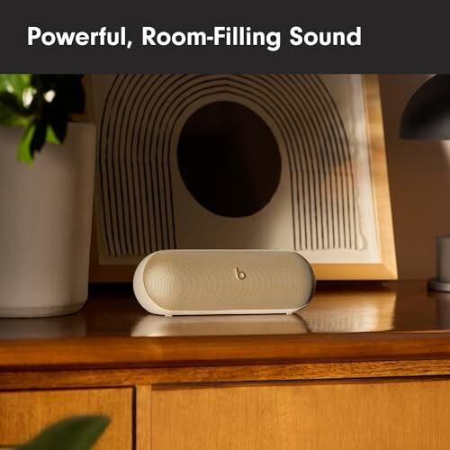 Wireless speaker on a wooden table with artwork behind.