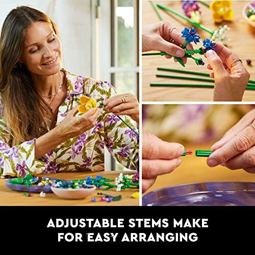 Woman assembling toy flowers with adjustable stems.