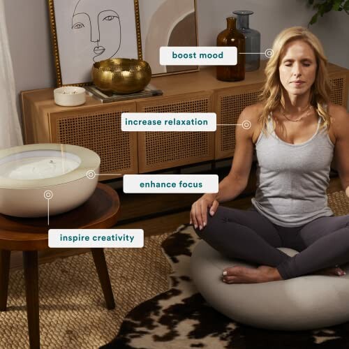 Woman meditating at home with benefits labeled: boost mood, increase relaxation, enhance focus, inspire creativity.