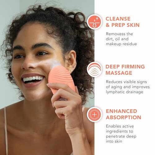 Woman using a facial cleansing device with skincare benefits.