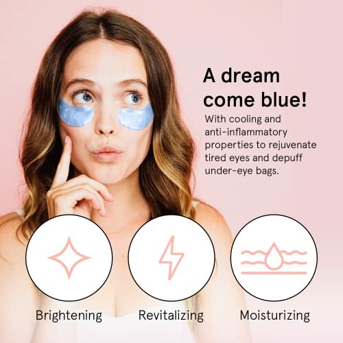 Woman with blue eye patches considering skincare benefits.