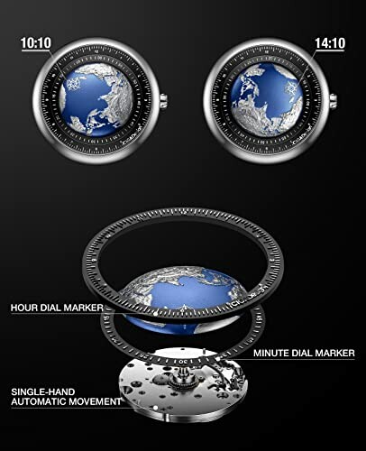 Illustration of a world timepiece mechanism with globe and dials.