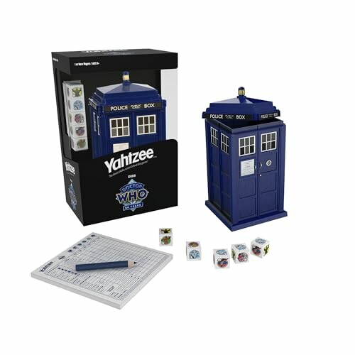 Doctor Who TARDIS-themed Yahtzee game with dice and scorepad.