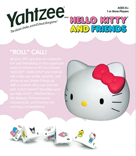 Yahtzee Hello Kitty board game box with dice and figurine.