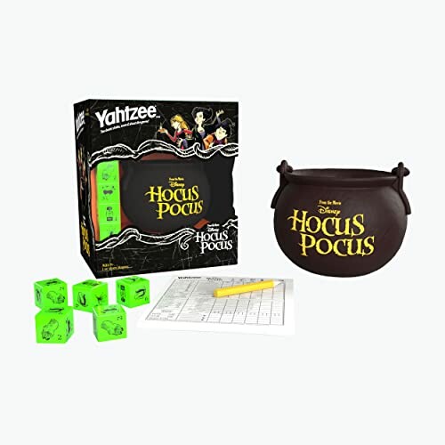 Hocus Pocus themed Yahtzee game set with dice, score sheet, and cauldron.