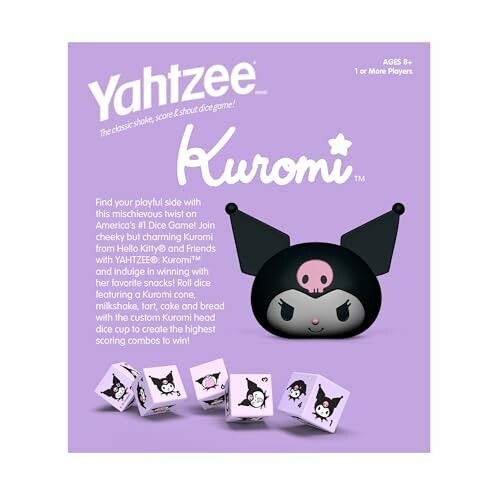 Yahtzee Kuromi dice game box with Kuromi character and dice.