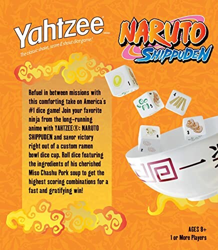 Yahtzee Naruto Shippuden dice game box with themed dice and bowl.