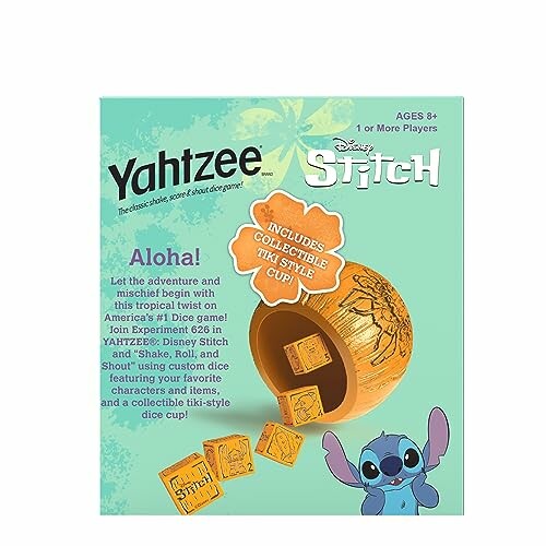 Yahtzee Stitch board game with tiki-style dice and cup.