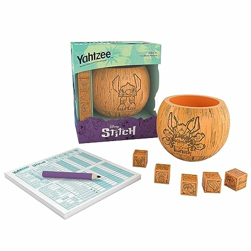 Yahtzee Stitch themed game set with dice, scorecard, and pencil.