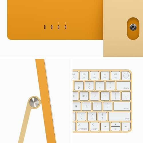 Yellow computer back, stand detail, and keyboard.