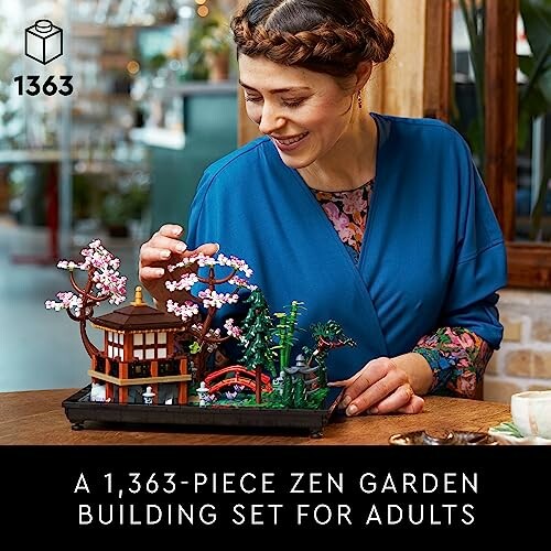 Woman assembling 1,363-piece Zen garden building set